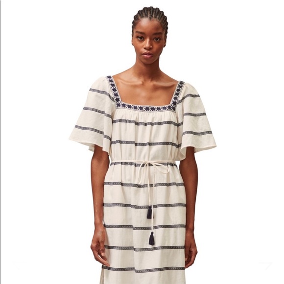 NWT Tory Burch Embroidered Midi Dress, Linen Blend, Ivory & Navy, Size M - Picture 4 of 11